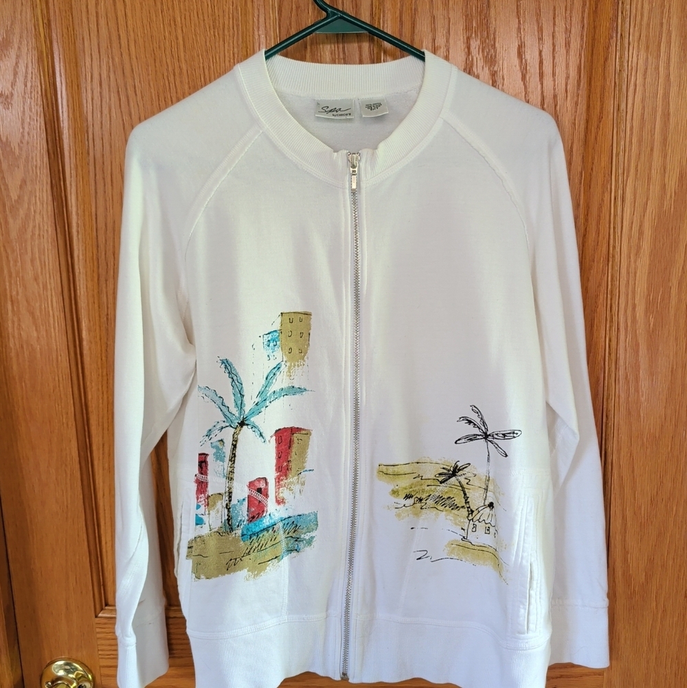 Chico's Size 2 (L or 12-14) Beach Themed Cotton Full Zip Jacket